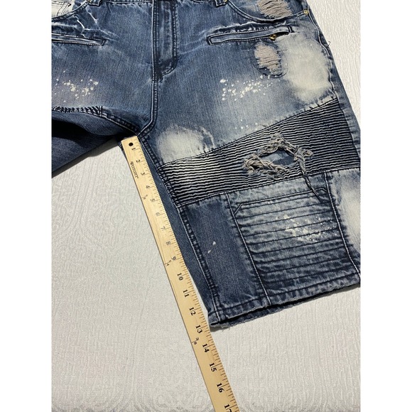 Makobi‎ Distressed Denim Shorts Mens Size 46 Blue Moto Biker Jorts Shredded - Picture 10 of 12